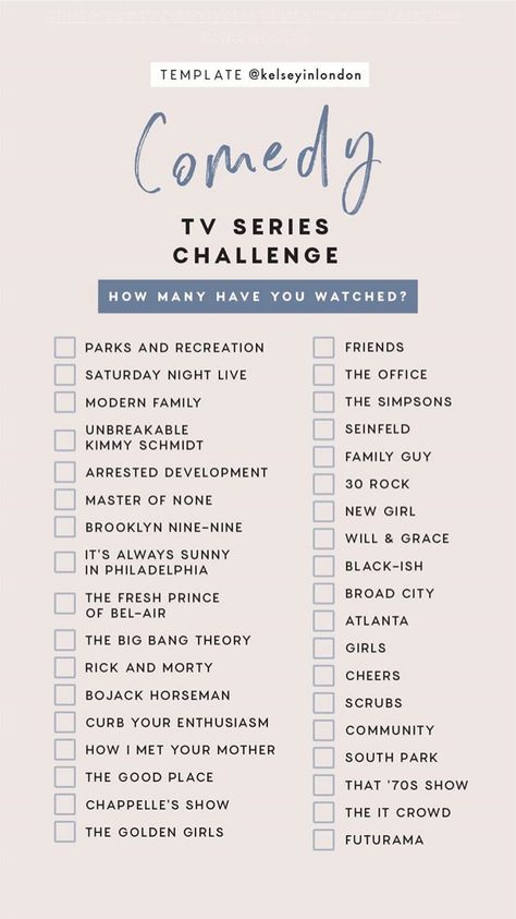 Comedy TV Series Challenge Instagram Story Template by @kelseyinlondon Netflix Movie List, Film Instagram, Netflix Movies To Watch, Quotes Movie, Tv Show Genres, Film Netflix, Not Musik, Movie To Watch List, Tv Series To Watch