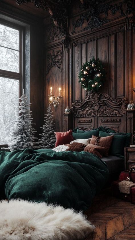 Cozy Winter Bedroom Ideas, Dickensian Christmas, Moody Mansion, Forest Bedroom Ideas, Rustic Winter Wonderland, Dark Maximalist, Dark Romantic Bedroom, Light Acadamia, Bloxburg Mansion