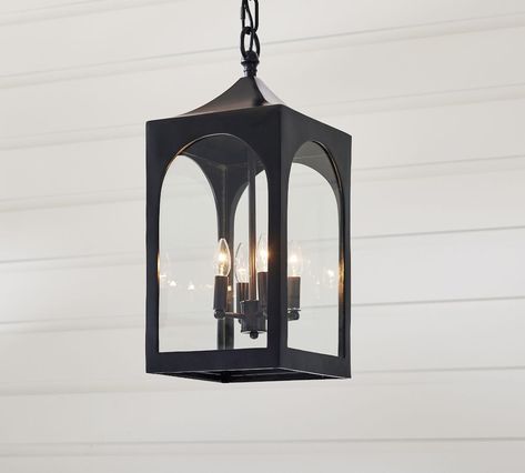 Caleb Metal Lantern Pendant | Pottery Barn Foyer Lantern, Pottery Barn Outdoor, Glass Panes, Lantern Pendant Lighting, Lampshade Designs, Metal Lanterns, Hanging Light Fixtures, Patio Lighting, Outdoor Pendant