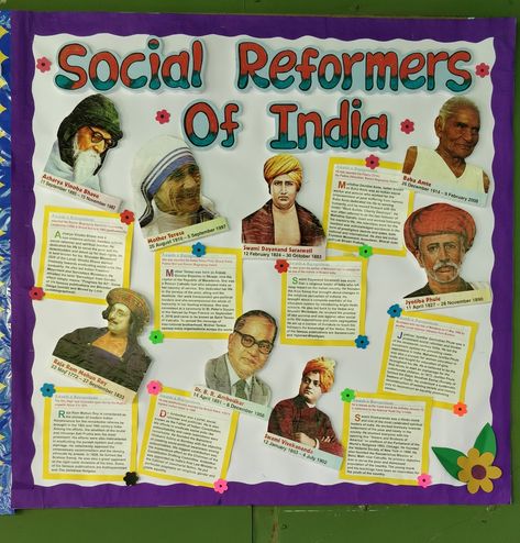 Social Reformers of India 🇮🇳 School bulletin board ideas Freedom Fighters Project Ideas, Charts For School Notice Board, Social Bulletin Board Ideas, Social Reformers Of India Chart, School Notice Board Ideas Student, India Bulletin Board Ideas, Social Science Chart Ideas, Indian History Project Ideas, Social Science Tlm Ideas