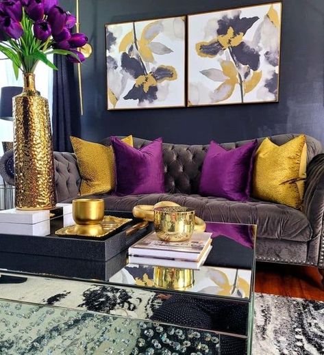 Grey Purple Gold Living Room, Royal Purple And Gold Living Room, Black Gold And Purple Living Room Ideas, Purple Yellow Living Room, Black And Purple Living Room Decor, Purple Themed Living Room, Purple And Gray Living Room Ideas, Purple And Gold Living Room Decor, Purple And Green Living Room Ideas