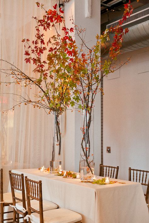 NY Cityscape Wedding - Inspired By This Cityscape Wedding, Tree Branch Centerpieces, Wedding Centerpiece Ideas, Branch Centerpieces, Flowers Candles, Fall Wedding Centerpieces, Tall Centerpieces, Wedding Inside, Orange Wedding