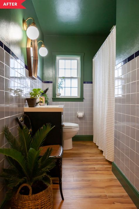 Over three weeks, Shelbie and her boyfriend Eric were able to totally revamp the look of the bathroom without removing a single beloved wall tile. They started with the flooring, tearing up the old tiles and replacing them with wood-look vinyl. #beforeandafter Rebath Bathroom, 1950s Tile, Old Bathroom Makeover, 1950s Bathroom, Royal Blue Walls, Blue Tile Wall, Blue Painted Walls, Old Bathrooms, Light Blue Walls