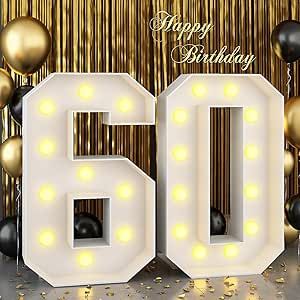 4ft Marquee Light Up Numbers 60 Large Numbers with Lights Bulbs White Mosaic Frame for Men Women 60th Birthday Party Decorations Pre-Cut Cardboard Giant Cut-Out Thick Foam Board Sign Anniversary Light Up Numbers, 70th Birthday Parties Decorations, 40th Birthday Themes, Foam Board Sign, 60th Birthday Party Decorations, 60th Birthday Decorations, 40th Birthday Party Decorations, Birthday Lights, Birthday Decorations For Men