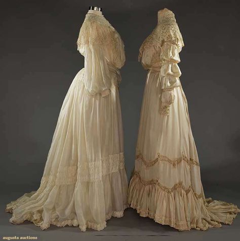 TWO SILK WEDDING OR GARDEN PARTY DRESSES, 1905-1910 Go Back      Lot: 200     November 16, 2016 NYC     New York City  Both 2-piece w/ trained skirts: 1 ivory China silk, ruched bodice & skirt, machine made lace flounce to bodice, balloon sleeves, cotton sateen linings, B to 34", W 23", Skirt L 43"-54", excellent; 1 cream silk charmeuse, Battenburg lace yoke, collar & cuffs, Renaissance sleeves, lace insertions to skirt, W 26", Skirt L 39"-48", (back of neck torn) very good. Garden Party Dresses, Edwardian Wedding, Battenburg Lace, Dress History, 20th Century Fashion, Edwardian Dress, Garden Party Dress, Victorian Clothing, Clothing And Textile