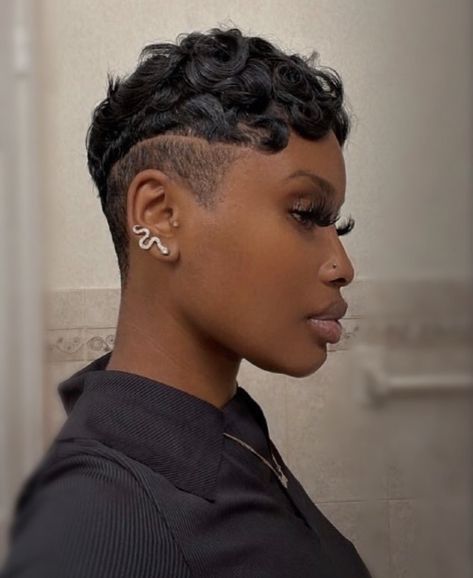 Pixie Tapered Back Black Women, Pixie With Undercut Black Women, Pixie Fade Haircut Black Women, African American Pixie Hairstyles, Pixie Cut With Design Black Women, Shirt Haircuts For Women, Pixie Fade, Bald Baddie, Black Women Pixie Cut