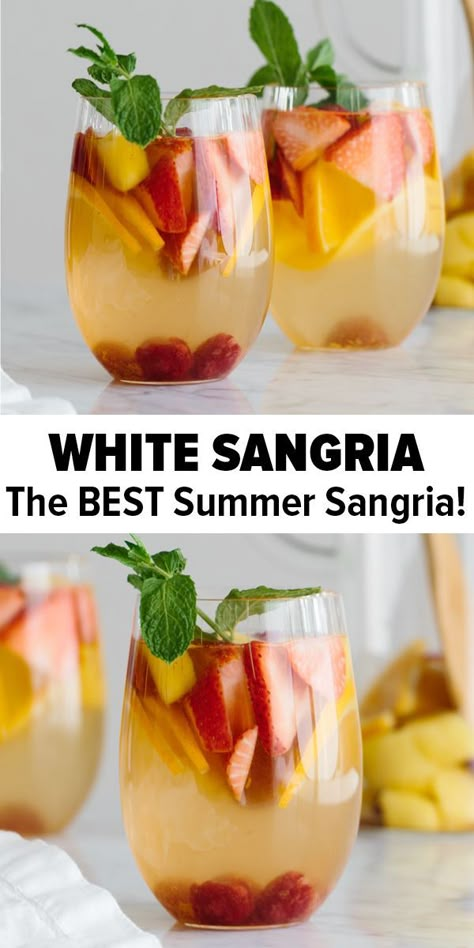 Drink Pitchers Parties, Dry White Wine Sangria, Mango Sangria Recipes White, Strawberry Sangria Recipes Easy, Mango Sangria Recipes, Sangria Wine Recipe, Summer Sangria Recipes Easy, Best White Wine Sangria Recipe, Easy White Sangria Recipes For A Crowd