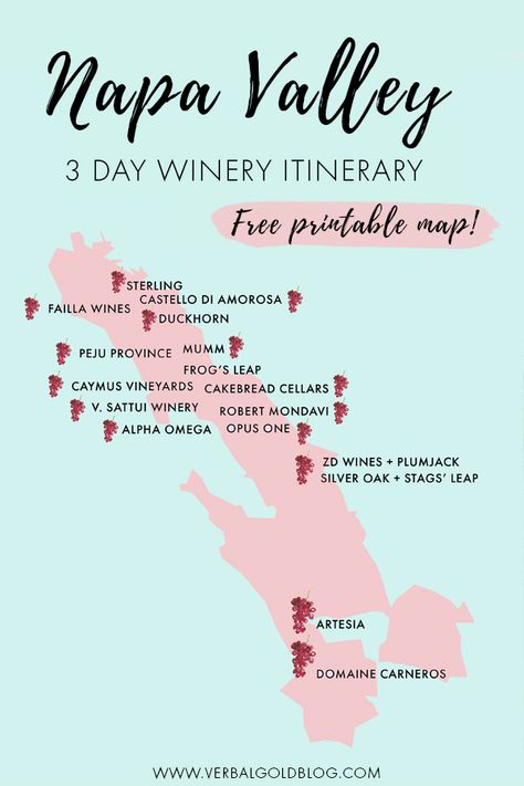 Visiting Napa Valley? If you're there for the wine, we've put together a perfect 3 day Napa Valley winery itinerary that will have you hopping from one vineyard to the next! Included in the post is a free printable map of Napa Valley's wineries! #Napa #California Map Of Napa Valley Wineries, Planning A Trip To Napa Valley, Sonoma And Napa Itinerary, Napa Valley December, Napa Valley Themed Birthday Party, Napa Valley Outfit, Napa Valley Itinerary, Nappa Valley, Napa Valley Vacation