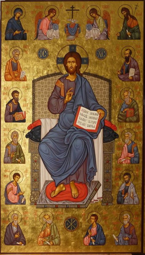 Russia-by Maxim Sheshukov ~~~Christ Enthroned With Apostles. Egg tempera on gessoed panel. Eastern Orthodox Church, Holy Quotes, Orthodox Christian Icons, Christ The King, Faith Art, Byzantine Art, Byzantine Icons, Greek Orthodox, Religious Icons