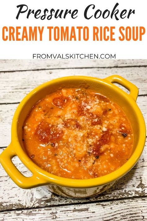 Pressure Cooker Creamy Tomato Rice Soup is made with pantry ingredients so it can be enjoyed year round! It's easy, delicious and gluten-free! Instant Pot Tomato Rice Soup, Tomato And Rice, Tomato Rice Soup, Rice Soup Recipes, Tomato Rice, Pantry Ingredients, Instant Pot Soup, Beef And Rice, Insta Pot