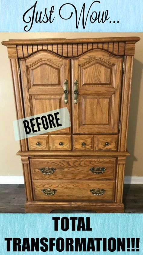 Redone Vintage Furniture, Upcycle Oak Furniture, Redoing Old Furniture Before After, Upcycle Tallboy Dresser, Armoire Diy Makeover, Armoire Repurpose Bedroom, Refurbish Entertainment Center, Redoing Armoire Diy Ideas, Oak Armoire Makeover