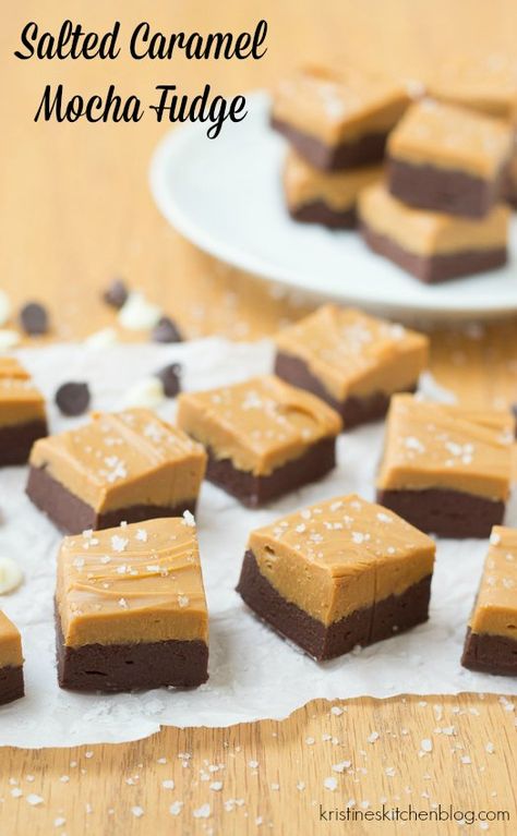 So easy Salted Caramel Mocha Fudge, made in the microwave in just minutes! #holiday | Kristine's Kitchen Caramel Coffee Fudge, Easy Salted Caramel, Coffee Fudge, Mocha Fudge, Coffee Desserts, Homemade Fudge Recipes, Salted Caramel Mocha, Microwave Fudge, Amazon Gift Card Giveaway