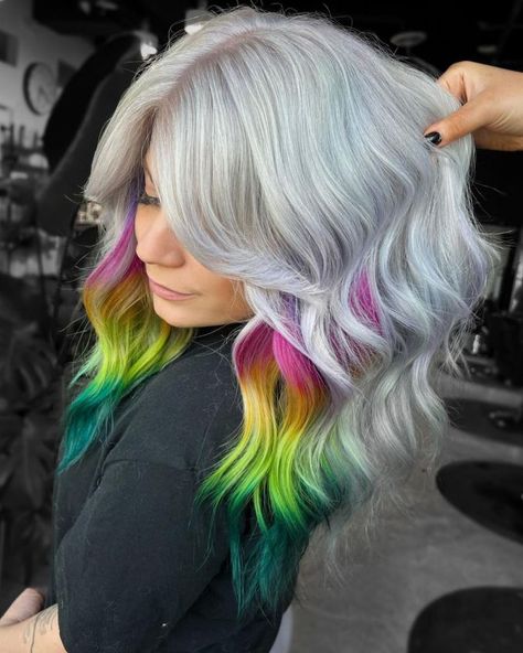 Rainbow Peekaboo Balayage for Gray Hair Peekaboo Hair Colors Blonde, Peekaboo Highlights For Blonde Hair, Peekaboo Hair Color Blonde, Highlights For Blonde Hair, Blonde Hair Fall, Peekaboo Hair Color, Hair Colors Blonde, Blonde And Pink, Exotic Hair Color