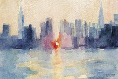 New York Skyline Painting, Brown Prints, New York Painting, Skyline Painting, City Painting, Brown Wall Art, Brown Art, Paintings Art Prints, Watercolor Print