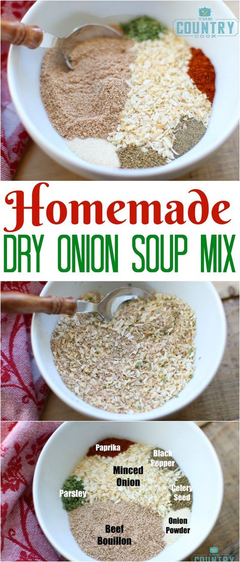 Homemade Dry Onion Soup Mix recipe from The Country Cook. This recipe makes exactly the amount you need to substitute for one packet of Dry Onion Soup Mix! Perfect substitute for recipes! Homemade Dry Onion Soup Mix Recipe, Dry Onion Soup Mix Recipe, Dried Onion Soup Mix Recipes, Onion Soup Mix Recipe, Homemade Dry Mixes, Homemade Spice Mix, Country Cook, The Country Cook, Low Sodium Recipes