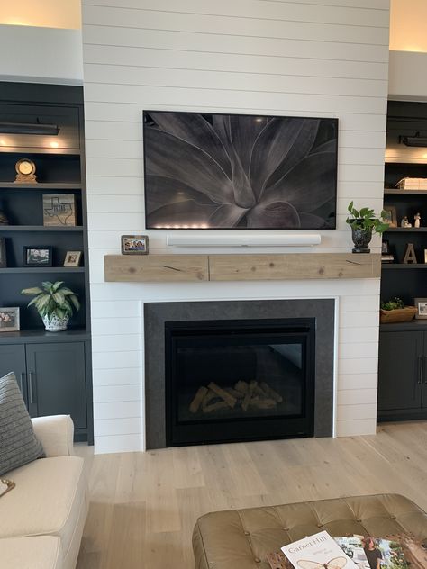 Black Built Ins White Fireplace, Contemporary Farmhouse Fireplace, Black Built In Fireplace, Accent Wall Beside Fireplace, Fireplace With Dark Built In Cabinets, Flushed Fireplace Wall, White Fireplace With Black Built Ins, Fireplace Side Wall Decor, Fireplace Paneling Wall Living Room