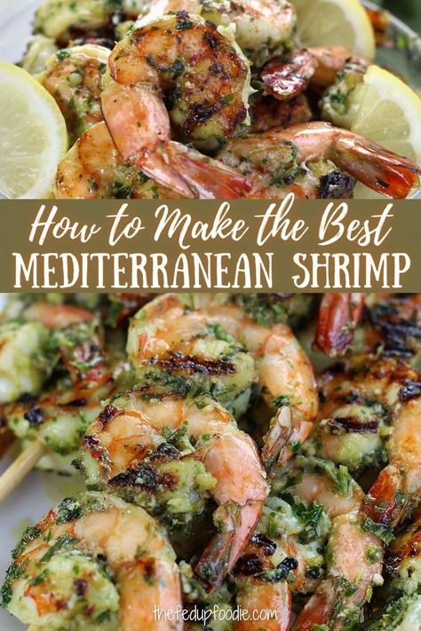 Mediterranean Shrimp Recipe, Grilled Shrimp Kabobs, Marinated Grilled Shrimp, Mediterranean Shrimp, Recipe With Garlic, Mediterranean Recipes Healthy, Shrimp Kabobs, Mediterranean Diet Recipes Dinners, Seafood Entrees