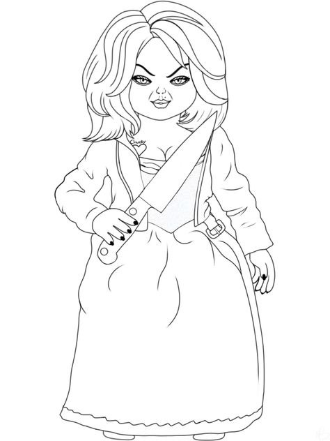 Chucky Coloring Pages Free Printable, Tiffany Chucky Drawing, Tiffany Bride Of Chucky Drawing, Tiffany Valentine Drawing, Bride Of Chucky Drawing, Horror Stencil, Chucky And Tiffany Drawing, Chucky Sketch, Tiffany Drawing