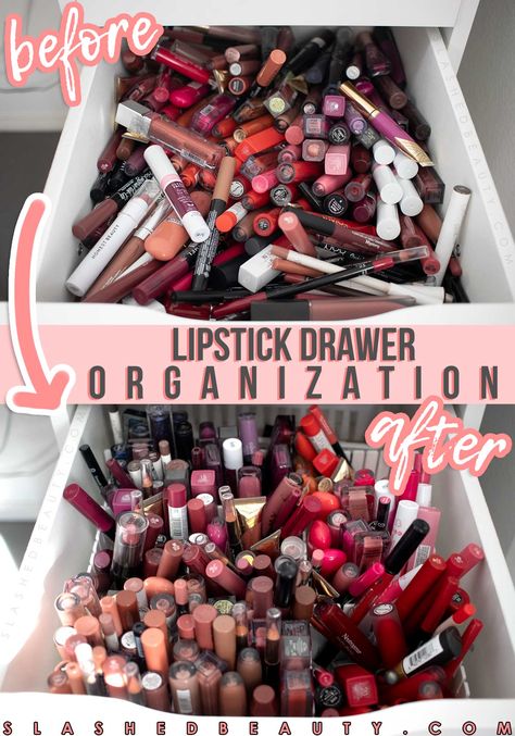 Best Cheap Lipstick Drawer Organization | How to organize your lipstick drawer and makeup collection | Slashed Beauty #makeuporganization #beautyorganization #makeupcollection #organization #makeupdrawers How To Organize Lipstick, Lipstick Organization Ideas, Lipstick Storage Ideas, Messy Lipstick, Lipstick Organization, Cheap Drawers, Perfume Collection Display, Cheap Lipstick, Ikea Alex Drawers