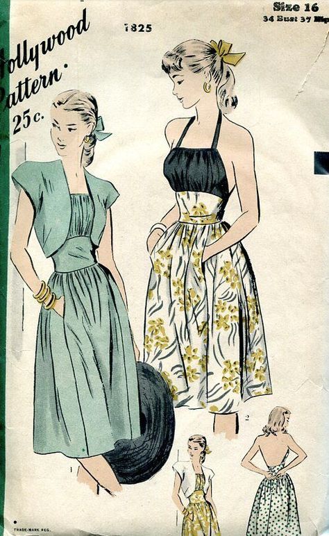 Hollywood Pattern #1825 Vintage Clothes Patterns, Patron Vintage, Vintage Dress Patterns, 40s Fashion, Retro Mode, Vestidos Vintage, 1940s Fashion, Gathered Skirt, Moda Vintage