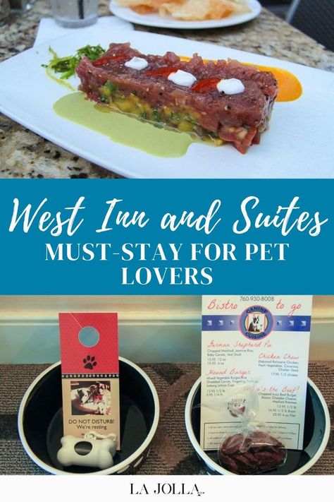 Gourmet tuna tartare dish plated with colorful sauces alongside pet-friendly amenities including specialty room service menu for dogs. California With Kids, Pet Friendly Vacations, Pet Friendly Hotels, Save For Later, Chicken Stock, Pet Lovers, Get Better, Dog Friendly, Room Service