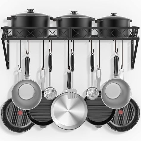 Mutool Wall Mount Pot Pan Racks, 70CM Saucepan Hanging Racks Utensils Hanging Shelf, Pan Rack for kitchen, Metal Cookware Organiser with 10 Hooks, Black : Amazon.co.uk: Home & Kitchen Pot Rack Hanging Wall, Saucepan Rack, Pan Rack Hanging, Hanging Shelf Organizer, Quick Organization, Cookware Organization, House Shopping, Kitchen Wall Shelves, Kitchen Layouts