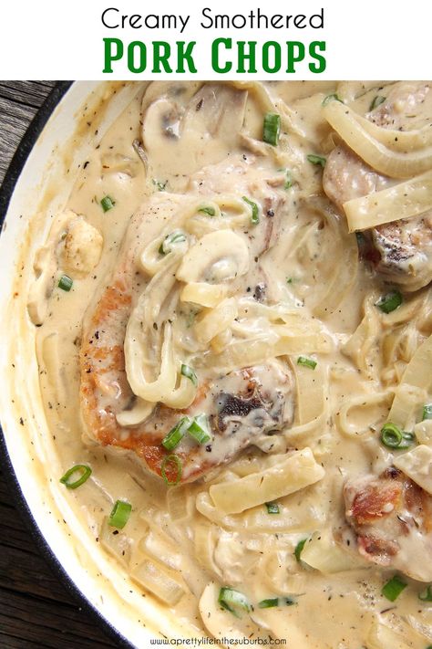 These Creamy Smothered Pork Chops are tender and so delicious after lightly simmering in a creamy and flavourful sauce. Serve over egg noodles.  Ready in less than 1 hour. Pork Chop Recipes Smothered, Creamy Smothered Pork Chops, Pork Chops Easy, Boneless Pork Chop Recipes, Smothered Pork, Easy Pork Chops, Easy Pork Chop Recipes, Pork Chop Recipes Baked, Pork Chop Dinner