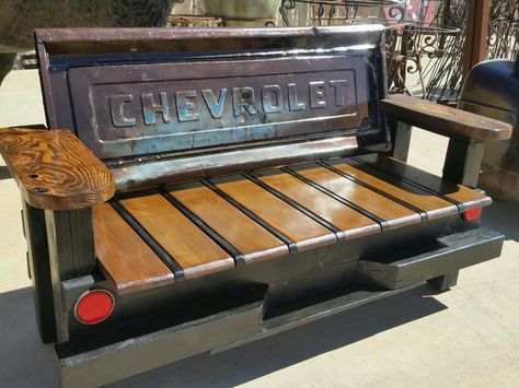 Vintage Chevrolet tailgate bench Truck Tailgate Bench, Tailgate Ideas, Tailgate Bench, Car Parts Decor, Vintage Chevrolet, Man Cave Accessories, Garage Furniture, Car Part Furniture, Automotive Furniture