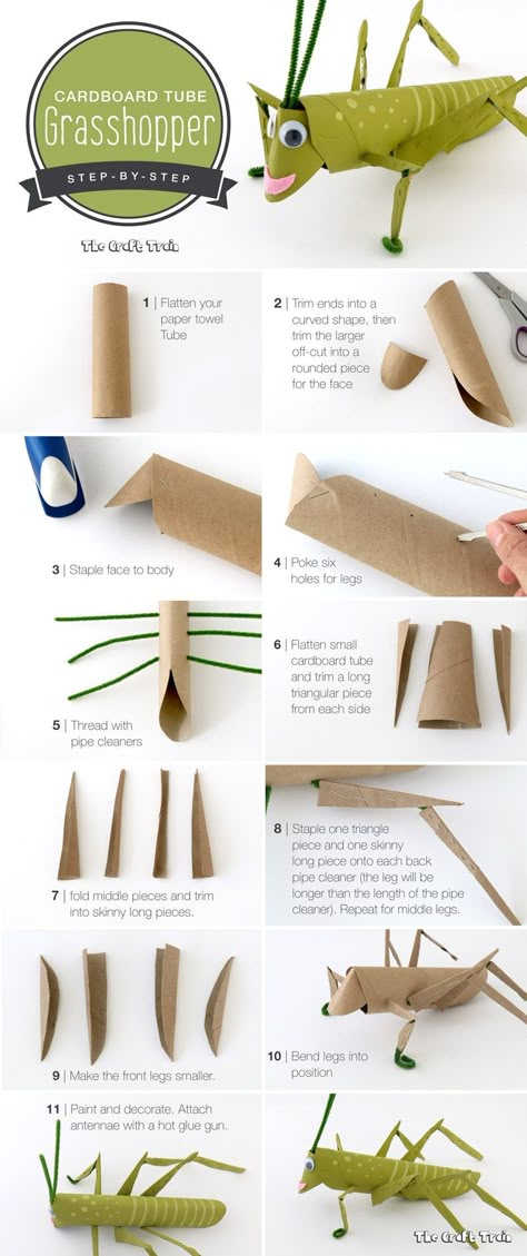 Step-by-step instructions on how to make a cardboard tube grasshopper. This is a fun craft for kids using recyclables. Insect Crafts, Folding Origami, Grasshoppers, Toilet Paper Roll Crafts, Paper Roll Crafts, Cardboard Art, Cardboard Tubes, Fun Craft, Craft For Kids