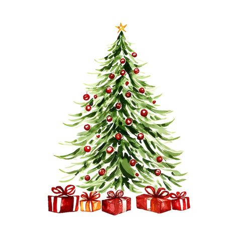 Vector watercolor christmas tree with re... | Premium Vector #Freepik #vector #new-year-gift #christmas-tree-drawing #christmas-pine #christmas-gift Christmas Gift Drawing, Christmas Decorations Drawings, Watercolor Christmas Art, Christmas Tree Drawing, Watercolor Christmas Tree, Red Gift Box, Image Film, Christmas Tree Art, Vintage Christmas Gifts