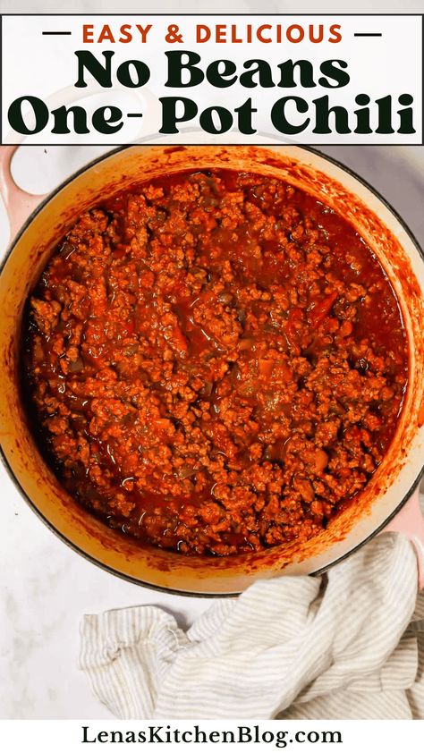 This No Beans Chili is the ultimate low-carb comfort food for chilly evenings! Featuring tender ground beef, smoky spices, and a rich tomato base, it’s bursting with bold flavors (no beans necessary!). Serve it with a dollop of sour cream, shredded cheddar, and crunchy tortilla chips for a cozy meal the whole family will love. Best Chili No Beans, Easy Chili No Beans, Easy No Bean Chili Recipes, Beef Chili Recipe No Beans, Homemade Chili No Beans, Ground Beef Chili Recipe No Beans, Homemade Chili Recipe No Beans, Chili Recipe Easy Stovetop Ground Beef, Crockpot Chili No Beans