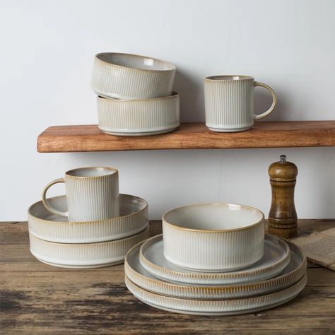 Gracie Oaks Paytan Stoneware Dinnerware Set - Service for 4 & Reviews | Wayfair Kitchen Dish Set, Farmhouse Plates Sets, Stonewear Dinner Sets, Dinnerware Sets Unique, Farmhouse Dinnerware Sets, Kitchen Crockery, Dishes Sets, Dinnerware Plates, Kitchen Plates