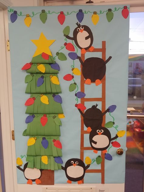 O Christmas Tree Door Decoration, Penguin Classroom Theme Decor, Penguin Door Decorations Classroom, Penguin Christmas Door Decorations, Christmas School Door Decorating Ideas, Christmas Tree Door Decorations School, Snowman Classroom Decorations, Christmas Classroom Display, Classroom Door Christmas Tree