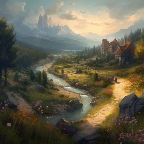 The Witcher Landscape Art, Fantasy Plains Village, Medieval Fantasy Landscape Concept Art, Fantasy Plains Landscape, Fantasy Farmland, Witcher Landscape, Fortress Concept Art, Dnd Landscape, Medieval Landscape