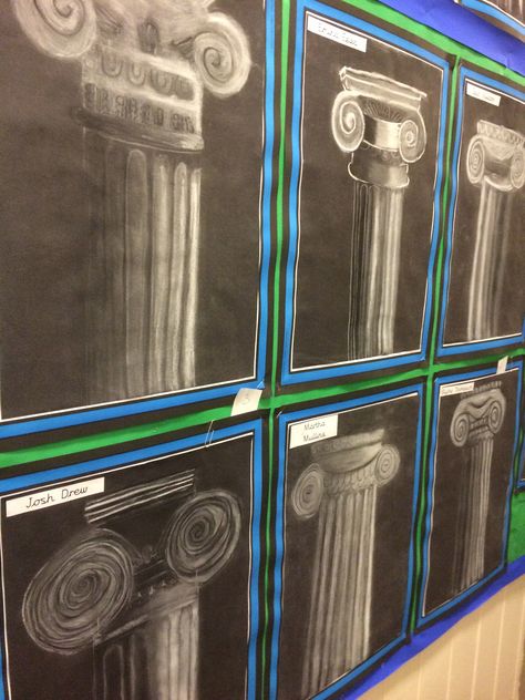 Greek and Roman columns chalk and charcoal Greek Art Projects For Kids, Roman Art Projects, Greek Art Projects, Ancient Greece Art, Greek And Roman Art, Greek Crafts, Chalkboard Drawing, Art History Lessons, High School Art Projects