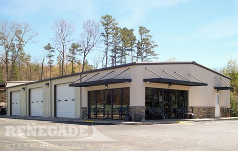 Renegade steel building with stucco and stone on front with store front glass and doors, large roll up doors. Commercial Steel Buildings, Metal Shop Building, Metal Building Designs, Metal Building Home, Automotive Shops, Warehouse Design, Boone Nc, Cottages And Bungalows, Steel Frame Construction