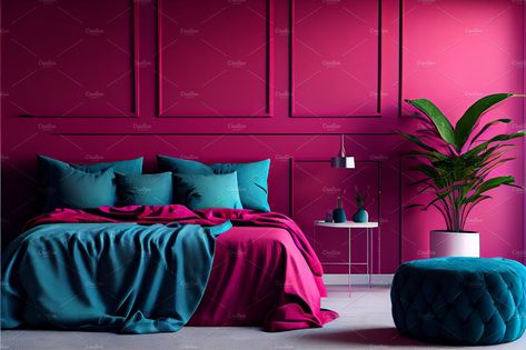 viva magenta bedroom interior. Bedside table . Bright bedroom. Pantone . by Olyryk & Aglo on @creativemarket Viva Magenta Bedroom, Teal Fuschia Bedroom, Black And Fuschia Bedroom, Neon Pink Interior, Magenta Walls Living Room, Raspberry Bedroom, Magenta Wall Color, Magenta Wall Paint, Fuschia Decor