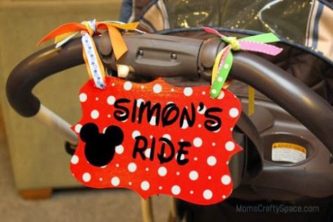 30 DIY Disney Crafts for a Disney Vacation Decorate Stroller For Disney, Disney Savings Jar, Diy Disney Crafts, Diy Stroller, Disney Stroller Tags, Disney Stroller, Stroller Tag, Disney Ribbon, Disney Savings