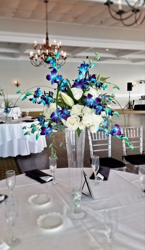 Blue Orchid Centerpieces Wedding, Turquoise Centerpieces Wedding, Blue Orchid Arrangements, Galaxy Orchid Centerpieces Wedding, Aquarium Wedding Centerpieces, Blue Orchid Wedding Bouquet, Blue Orchid Centerpieces, Teal Centerpieces, Wedding Bridal Table