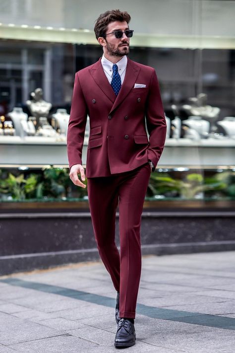 Drape yourself in regal elegance with our Bordeaux Double-Breasted Suit 2-Piece. The deep burgundy hue evokes a sense of luxury and refinement, making a bold statement at any event. Crafted for the modern gentleman who embraces sophistication with a twist of individuality, this suit promises to set you apart with its distinguished charm.  #doublebreasted #bordeauxsuit #suit #suits #slimfit #menstyle #menfashion #fashioninspo Burgundy Suit Men, Bow Tie Suit, Modern Fit Suit, Suit Styles, Suit Stores, Regal Elegance, Slim Fit Suit Men, Burgundy Suit, Tuxedo Blazer