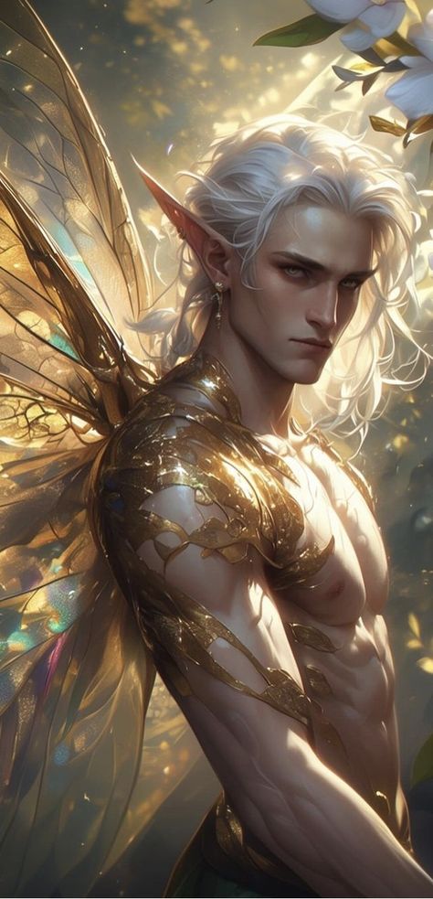 Fairies Male, Demon Slayer Oc Base Pose Full Body Male, Fairy Boy Aesthetic, Corellon Larethian, Male Fairy Aesthetic, Eladrin Male, Male Fairy Oc, Male Faerie Art, Fey King