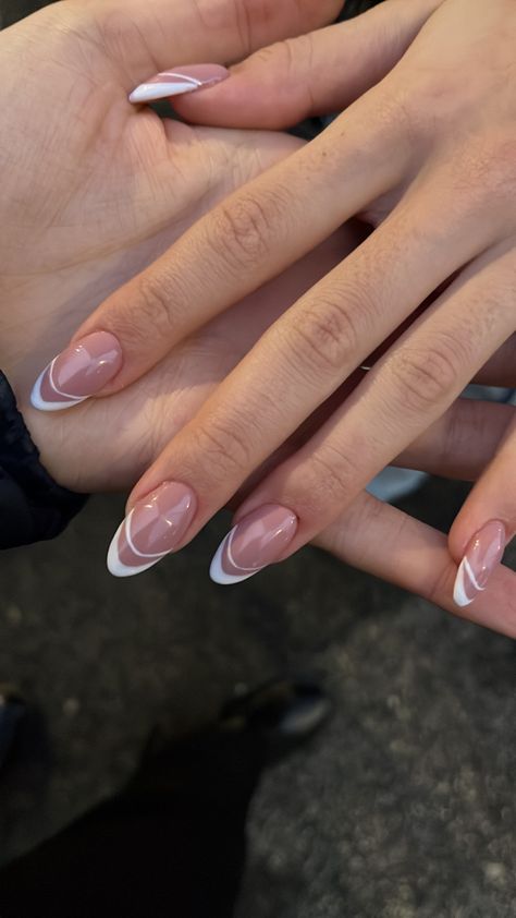 Trendy Nails French Tip White, French Nail Line Designs, Almond French Tip Nails With Line Under, French Tip Nails With Second Line, White French Tip Nails Wedding, Line Art French Nails, Double French Tips Nails, Scalloped French Nails, French Nails Two Lines