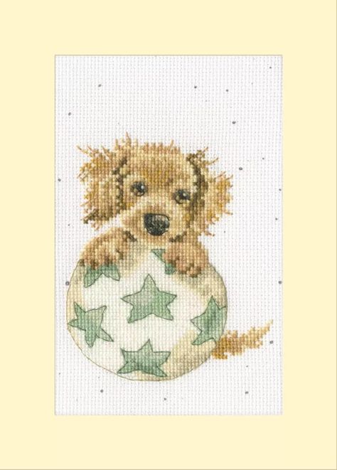 Bouncing Birthday Puppy Counted Cross Stitch Card Kit by Bothy Threads, puppy and ball card kit Puppy Playing, Alphabet Chart, Bothy Threads, Needlecraft Kits, Tri Fold Cards, Wrendale Designs, Aida Fabric, Puppy Play, Card And Envelope