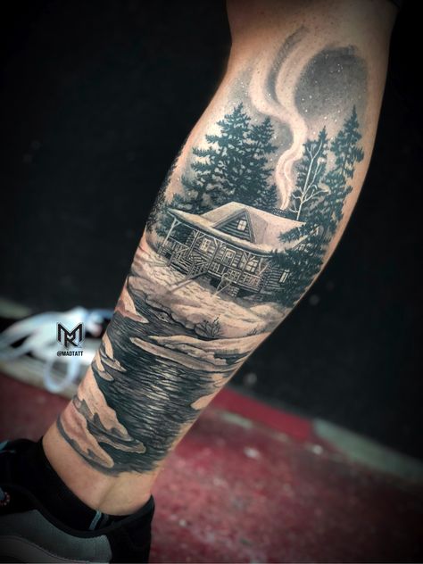 Dimension Tattoo, Cabin Tattoo, Forest Tattoo Sleeve, Wilderness Tattoo, Winter Tattoo, Wood Tattoo, Forest Tattoo, Hunting Tattoos, Son Tattoo