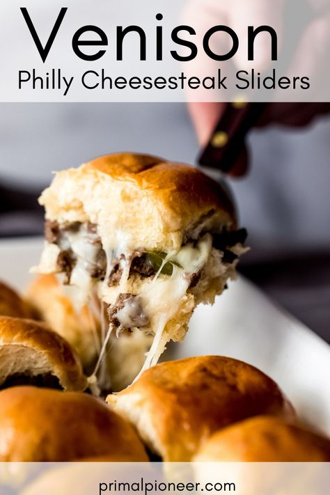 Ground Venison Recipes Easy Keto, Ground Deer Meat Appetizers, Deer Philly Cheese Steak, Meals To Make With Ground Venison, Venison Philly Cheese Steak Sliders, Quick Venison Recipes, Venison Chipped Steak Recipes, Venison Chunks Recipes, Chipped Venison Recipes