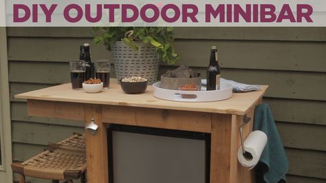 Build an outdoor bar complete with a miniature refrigerator, bottle opener and towel hooks. Small Refrigerator Cabinet, Outdoor Fridge Cabinet, Minibar Diy, Outdoor Refrigerator Cabinet, Outdoor Mini Fridge, Patio Cabinet, Mini Fridge Cabinet, Outdoor Deck Decorating, Outdoor Living Kitchen