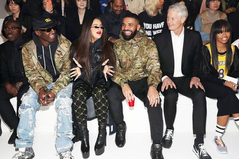 Drake and Rosalía Sit Front Row Together at the Nike 2020 Forum New York Fashion Week Show Front Row Fashion Show, Nike 2020, Athletic Attire, Yellow Bodysuit, Gabby Douglas, Long Black Coat, Black Platform Heels, Ap Art, Kendrick Lamar