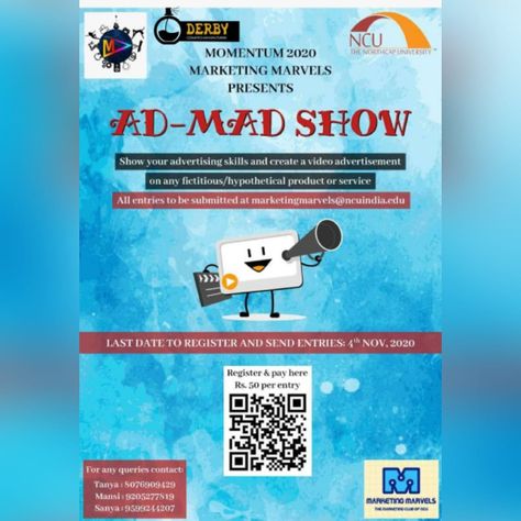 #Momentum 2020 brings to you 'The Ad Mad show' 🎉 📣 Hey creative heads, show your advertising skills and create a video advertisement on any fictitious/hypothetical product of yours. 🤩 Entry fee : ₹ 50/- Registration link: https://t.co/yShGKgfETo #NCU #Admadshow Mad Ads, Ads Poster, A Video, Bring It On, Book Cover, Quick Saves