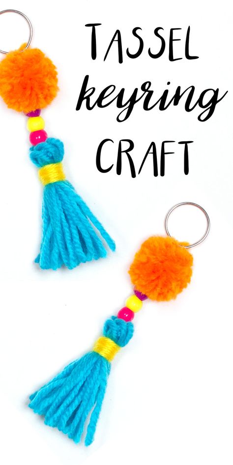 DIY Tassel Keyring Craft — Doodle and Stitch School Craft Club Ideas, School Enterprise Ideas, Kids Keychain Craft, Keyrings To Make, Diy Keyring Ideas, Schoolers Crafts, Diy Keyrings, Diy Tassel Keychain, Keyrings Diy