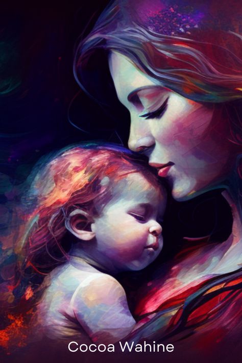 Sweet Surrender, is a beautiful art print that captures the love and connection between a mother and her child. The image depicts a mother and child in a warm embrace, surrounded by a rich and vibrant color scheme of deep blue and red. Art That Depicts Love, Mother Love Pictures, Mother Love Painting, Mordan Art, Surrender Art, Mother And Baby Paintings, Mother And Child Images, Mother Illustration, Mother And Child Pictures